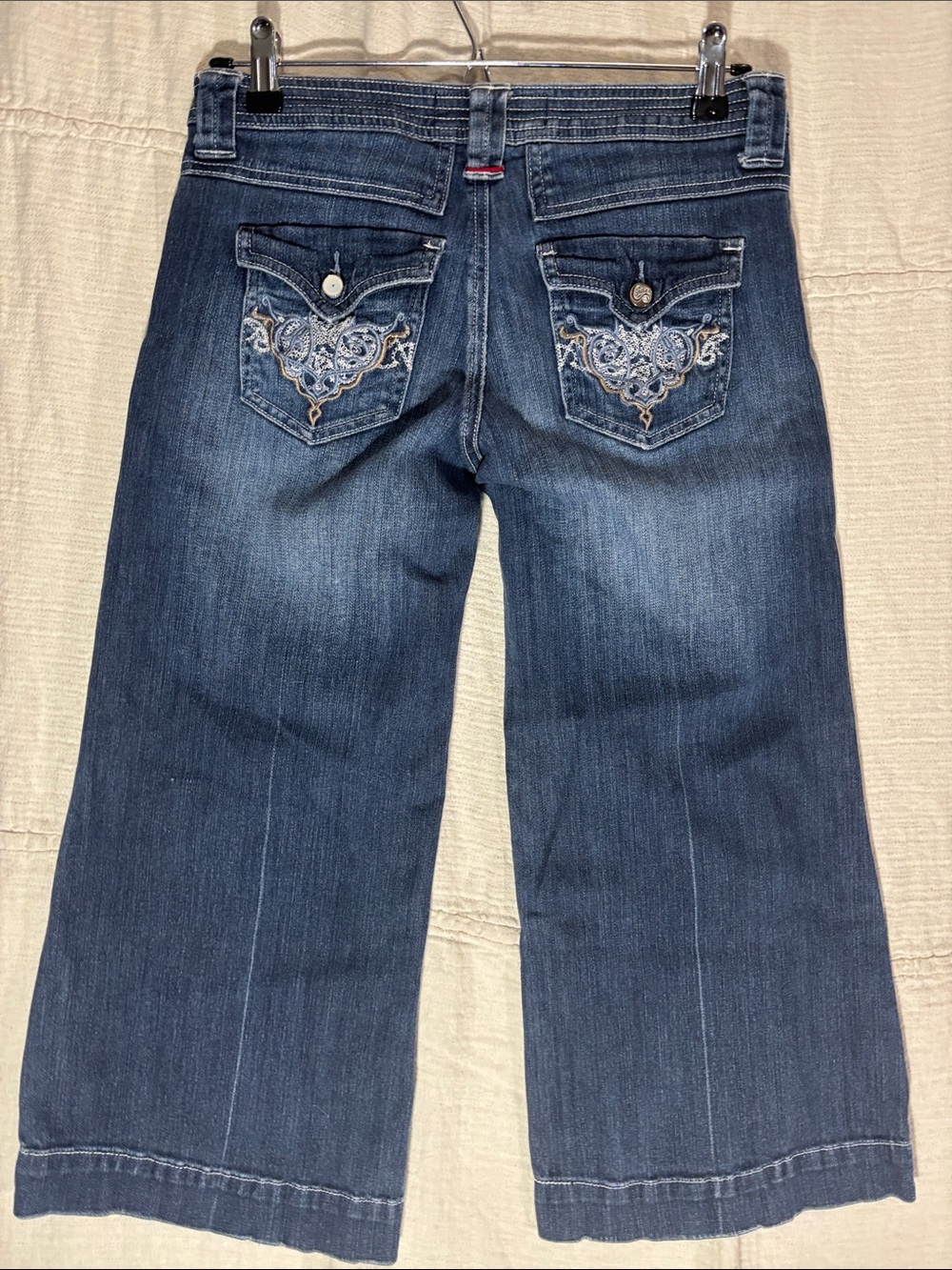 Vtg Candie's Y2K Wide-Leg Denim Capri Jeans 1 Multi Stitch Patch Pocket Coulotte - Picture 10 of 12